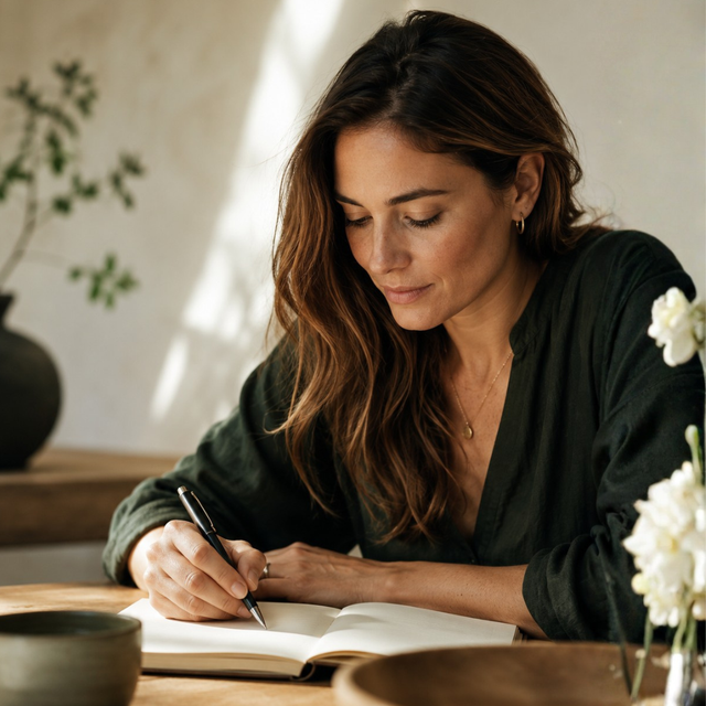 Writing in a journal at a sunlit table