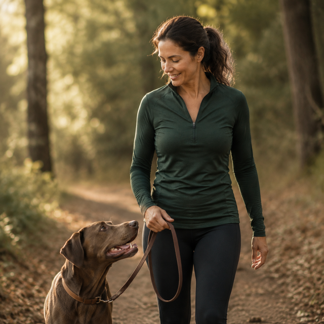 Walking a dog on a woodland trail