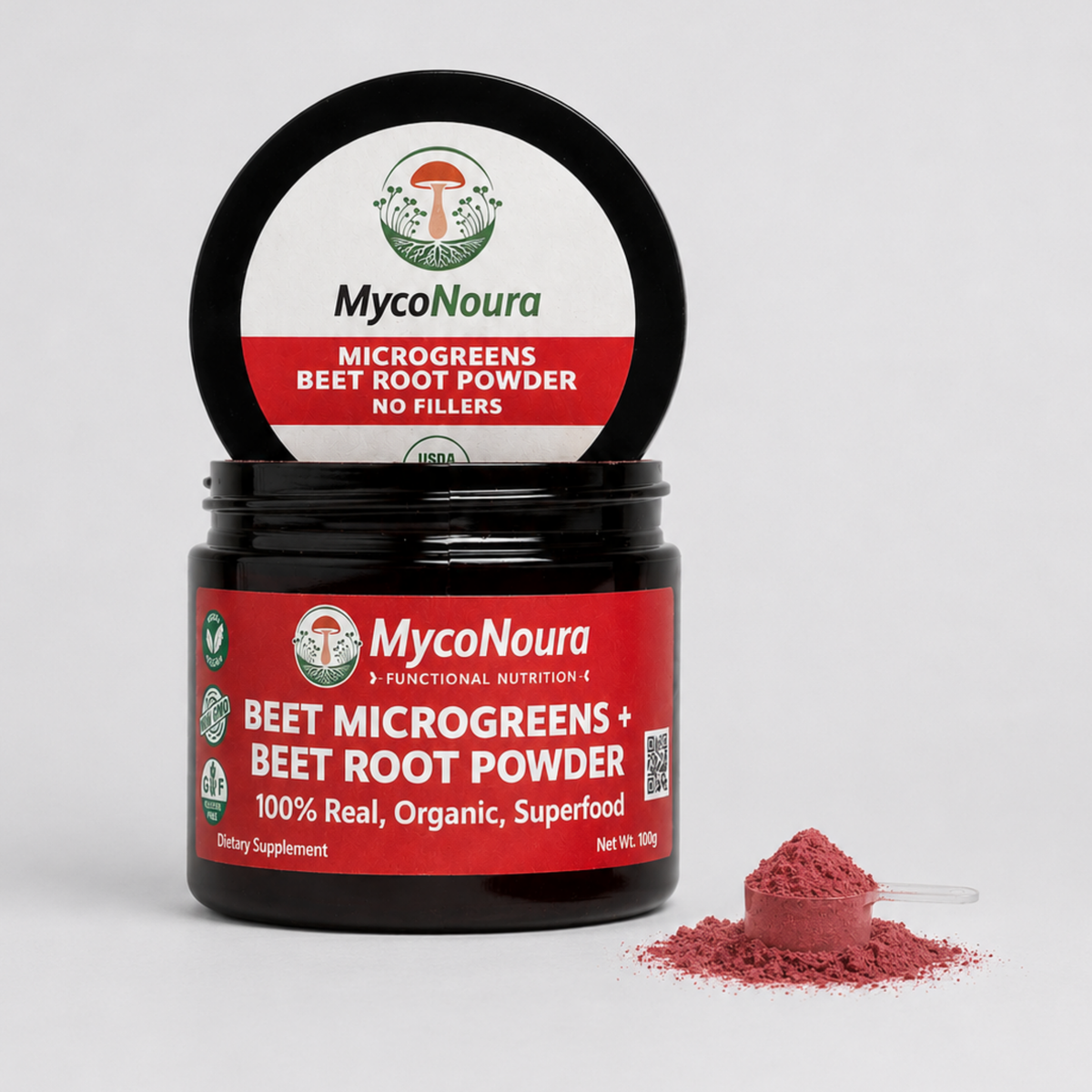 Beet Root + Powder jar with a filled scoop