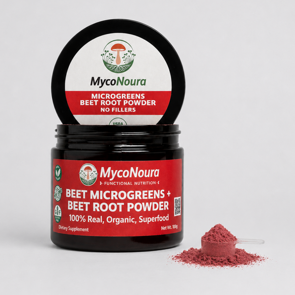Beet Root + Powder jar with a filled scoop