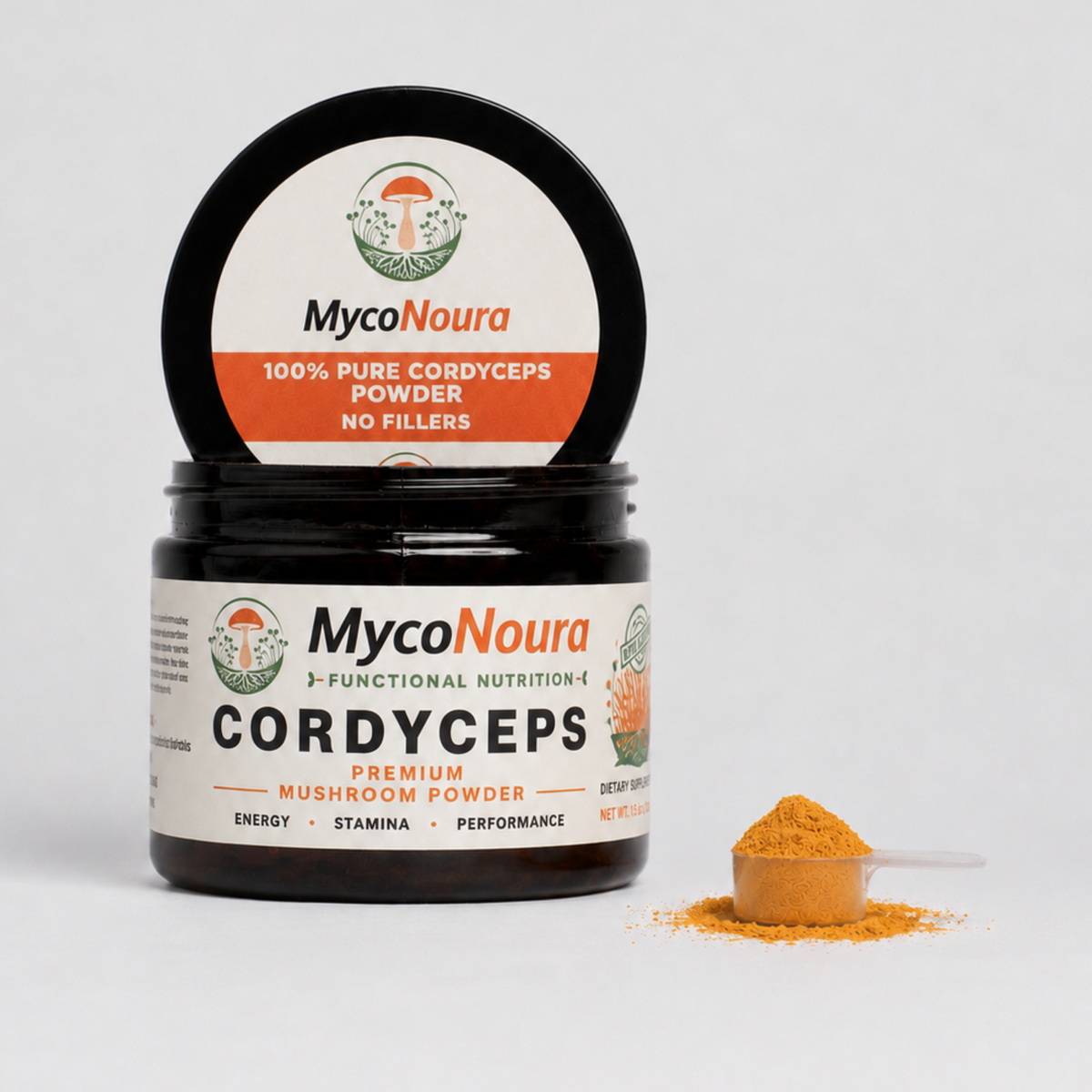 Cordyceps Powder jar with a filled scoop