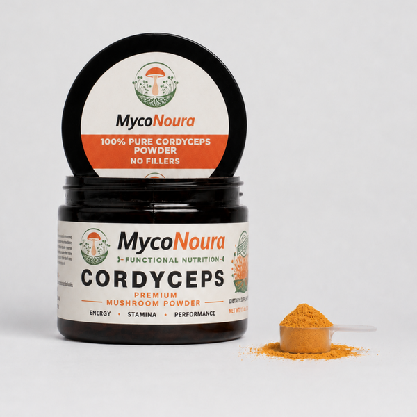 Cordyceps Powder jar with a filled scoop