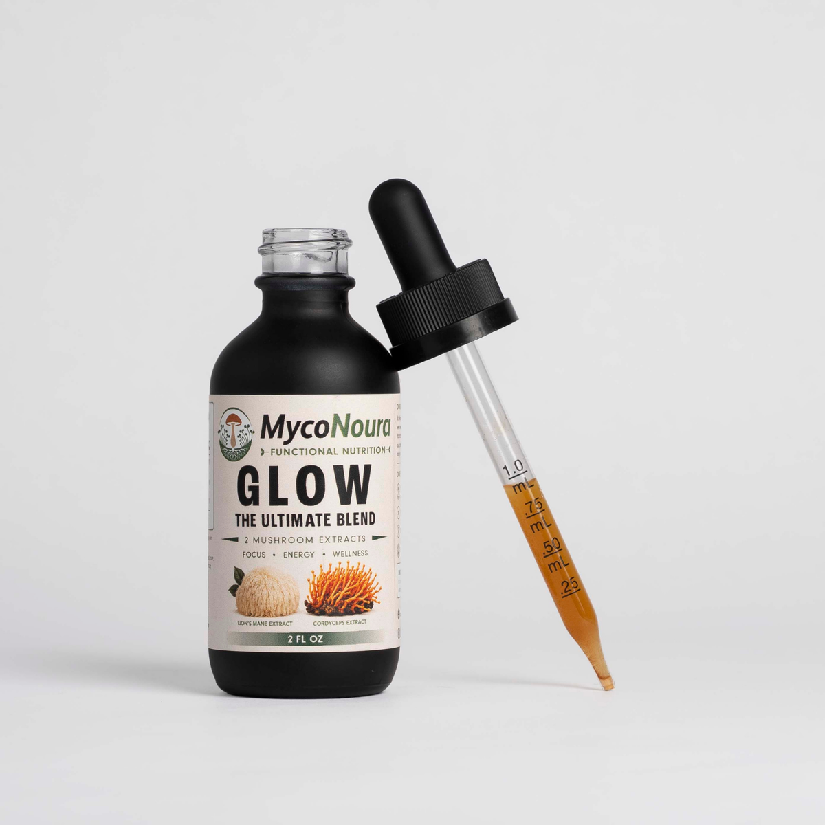 Glow Tincture bottle with a filled dropper