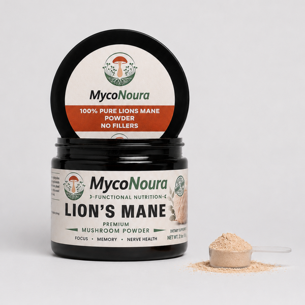 Lion's Mane Powder jar with a filled scoop