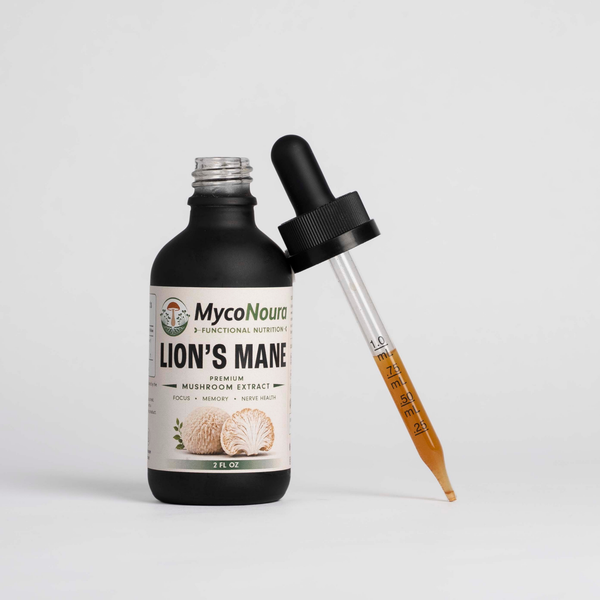 Lion's Mane Tincture bottle with a filled dropper