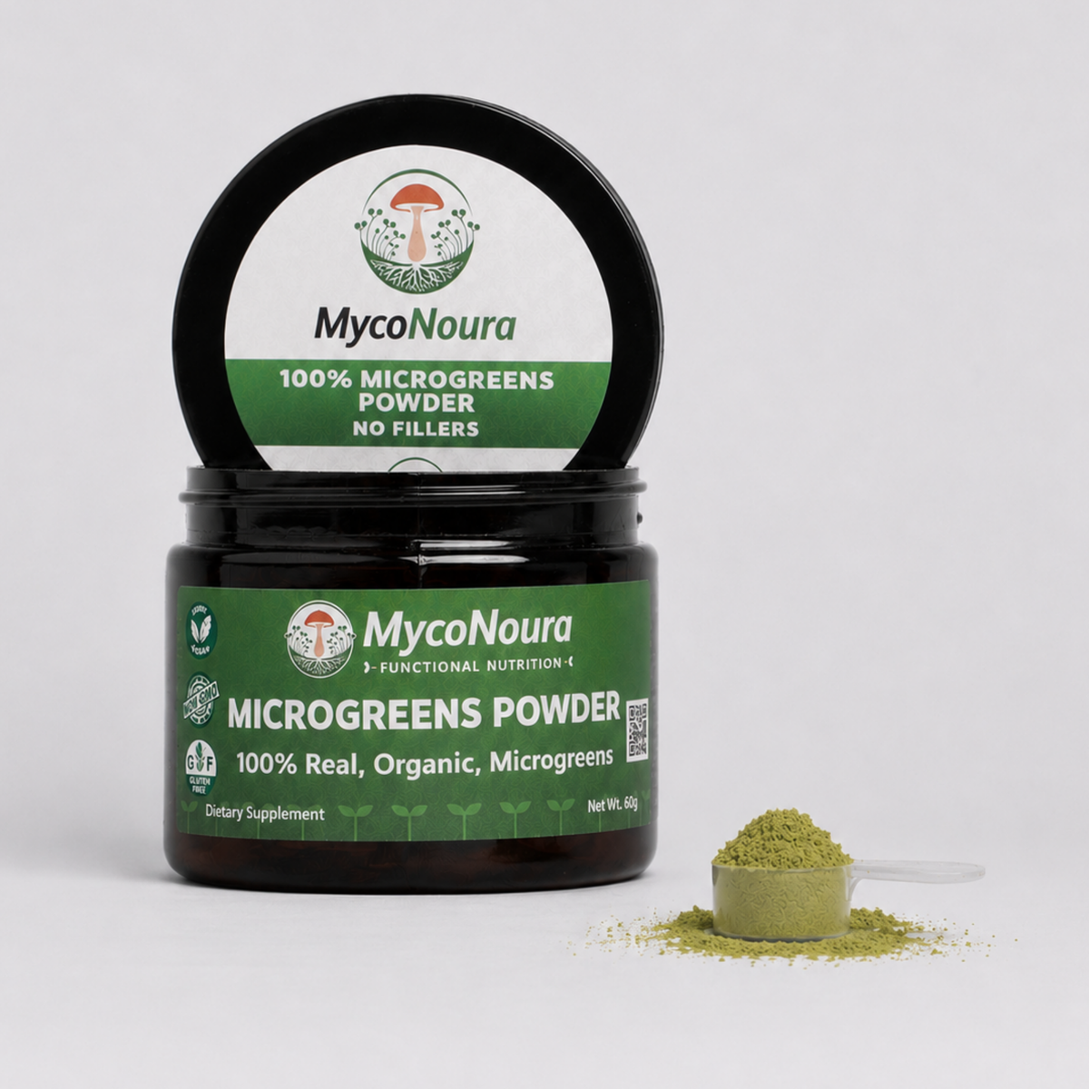 Microgreen Powder jar with a filled scoop