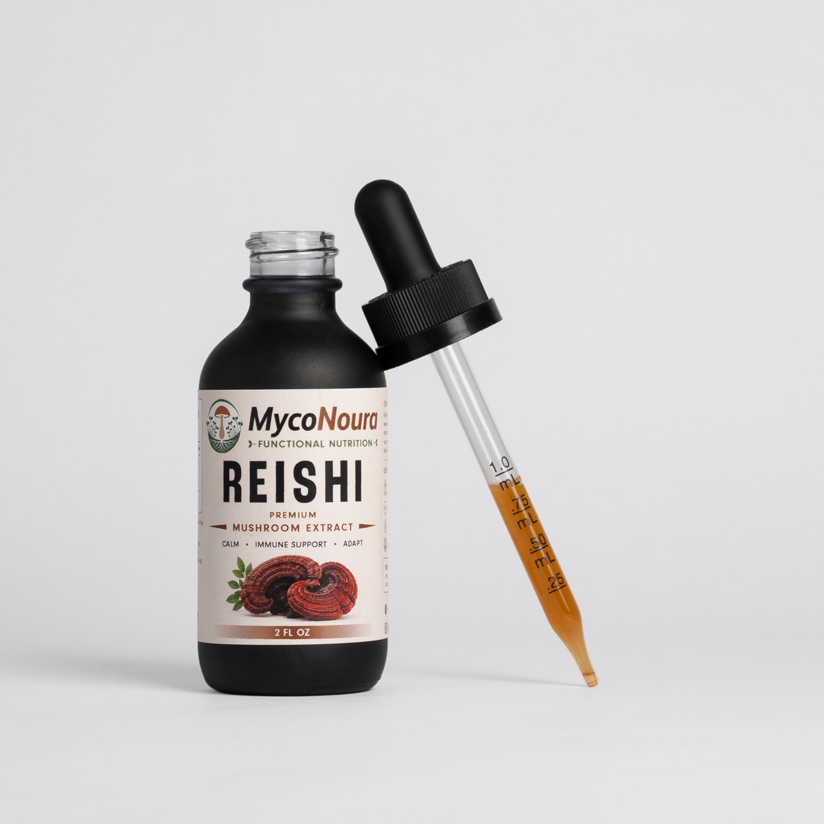 Reishi Tincture bottle with a filled dropper