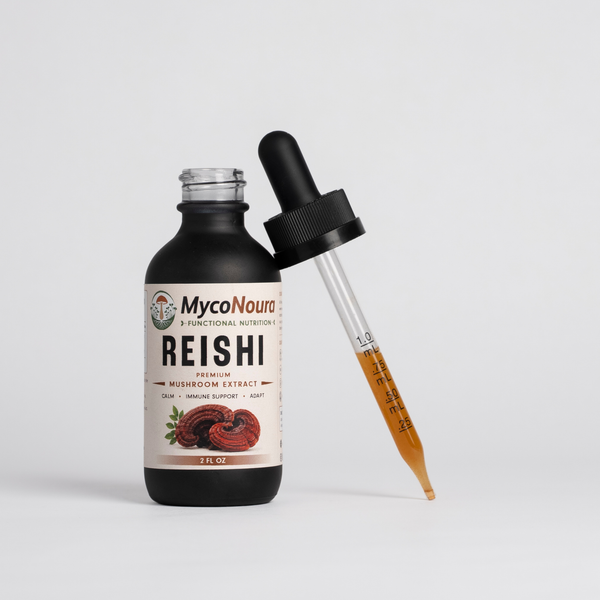 Reishi Tincture bottle with a filled dropper